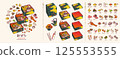 Japanese New Year's food vector illustration set (traditional Japanese New Year's food, stacked boxes, toso, celebratory chopsticks) 125553555