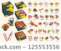 Japanese New Year's food vector illustration set (traditional Japanese New Year's food, stacked boxes, toso, celebratory chopsticks) 125553556