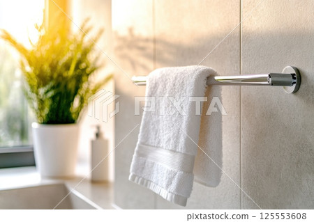 Bright bathroom with chrome heated towel rail and natural sunlight illuminating space Bright bathroom with chrome heated towel rail and natural sunlight illuminating space 125553608