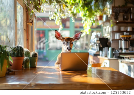 Deer works remotely in a bright coffee shop surrounded by greenery and cozy decor 125553632