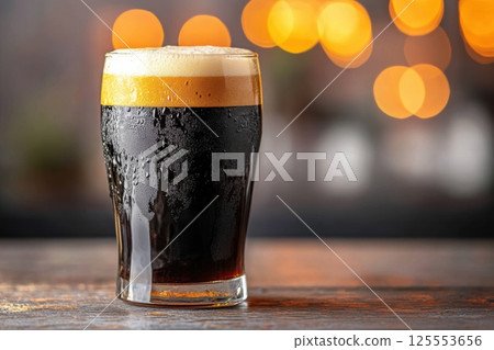 Frosty dark beer in a cozy bar with warm bokeh lights creating an inviting atmosphere Frosty dark beer in a cozy bar with warm bokeh lights creating an inviting atmosphere 125553656