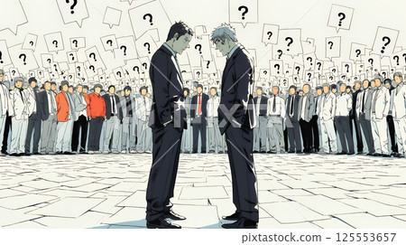 Two businessmen continuing a dialogue without fully understanding each other's opinions Two businessmen continuing a dialogue without fully understanding each other's opinions 125553657