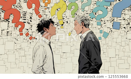 Two businessmen continuing a dialogue without fully understanding each other's opinions Two businessmen continuing a dialogue without fully understanding each other's opinions 125553668