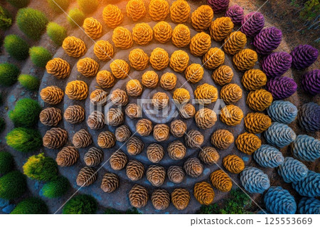 Overhead view of intricately arranged pine cones on a forest floor in soft sunlight 125553669