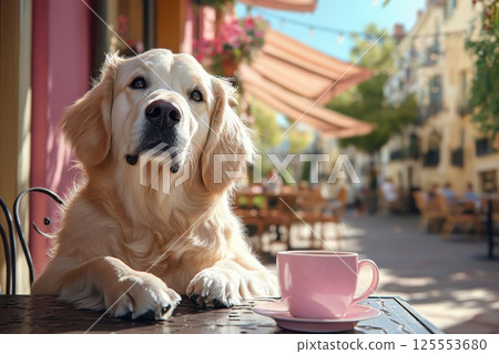 Golden retriever enjoys a coffee break at a sunny cafe table with a relaxed demeanor Golden retriever enjoys a coffee break at a sunny cafe table with a relaxed demeanor 125553680