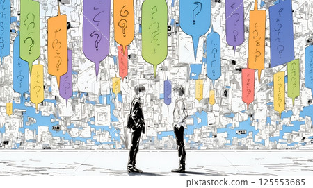 Two businessmen continuing a dialogue without fully understanding each other's opinions Two businessmen continuing a dialogue without fully understanding each other's opinions 125553685