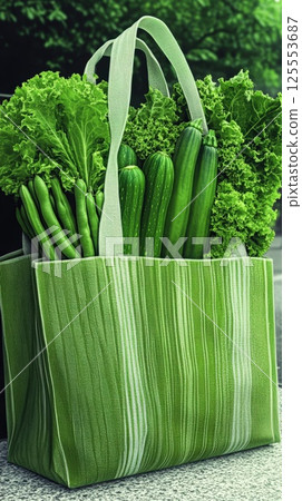 Fresh green vegetables arranged in a reusable shopping bag on a textured surface 125553687