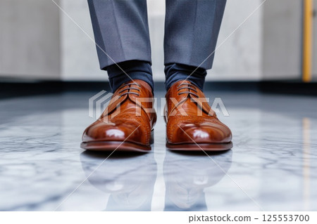 Polished shoes of a businessman walking confidently on marble floor in a corporate environment 125553700