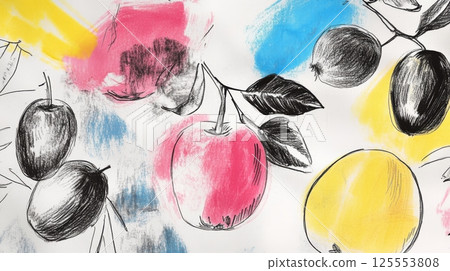 Abstract fruit sketches with colorful paint splashes, artistic and creative design concept 125553808