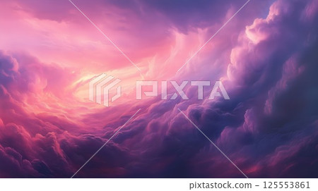 Purple sky with clouds and a sun in the middle. The sky is filled with clouds and the sun is shining through them 125553861
