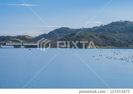 "Sunza Rakugan" from the Eight Views of Totomi shines against the blue sky at Lake Hamana Service Area in Hamamatsu City (Shizuoka Prefecture) 125553875