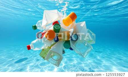 bottles, bags and packages drowning in water. garbage and waste in ocean. aquatic trash illustration for Environment pollution theme 125553927