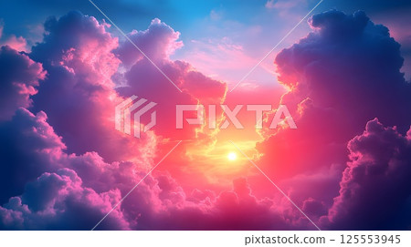 Purple sky with blue clouds, amazing orange sunset, background for design with copy space 125553945
