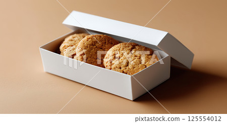 Minimalist cookie packaging box mockup with three gingersnap cookies on beige background 125554012