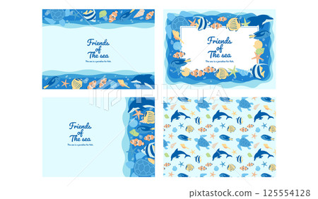 Cute sea creatures horizontal background set A4 size 125554128