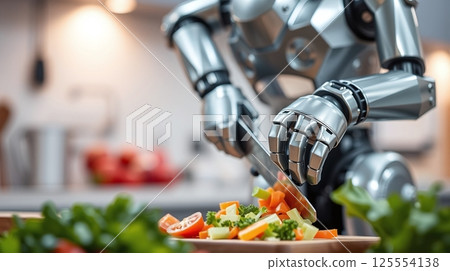 robot cooking salad in futuristic kitchen. Robot home assistance concept robot cooking salad in futuristic kitchen. Robot home assistance concept 125554138