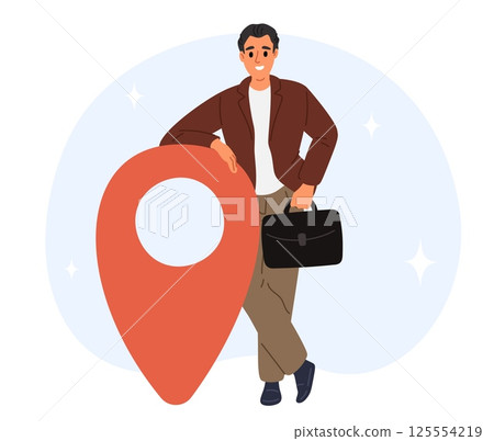 Businessman stands to large locational marker indicating corporate office location. Big business navigation pin. Traffic route icon. GPS navigator technology. Way search. Vector concept Businessman stands to large locational marker indicating corporate office location. Big business navigation pin. Traffic route icon. GPS navigator technology. Way search. Vector concept 125554219
