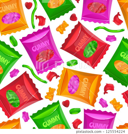 Chewy marmalade colored packs seamless pattern. Delicious gelatin dessert. Food package. Jelly candies. Repeated print. Sweets wrappers. Yummy confectionery. Sugar snack. Vector background Chewy marmalade colored packs seamless pattern. Delicious gelatin dessert. Food package. Jelly candies. Repeated print. Sweets wrappers. Yummy confectionery. Sugar snack. Vector background 125554224