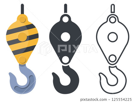 Crane hook icon. Black and white line industrial symbol. Silhouette building equipment. Lifting machinery. Construction site. Freight loading. Weight hoist. Vector pulley signs set Crane hook icon. Black and white line industrial symbol. Silhouette building equipment. Lifting machinery. Construction site. Freight loading. Weight hoist. Vector pulley signs set 125554225