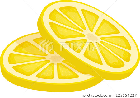 Two lemon slices against a black background, juicy and vibrant. 125554227