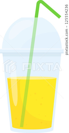 Yellow drink in a plastic cup with straw on a black background. 125554236