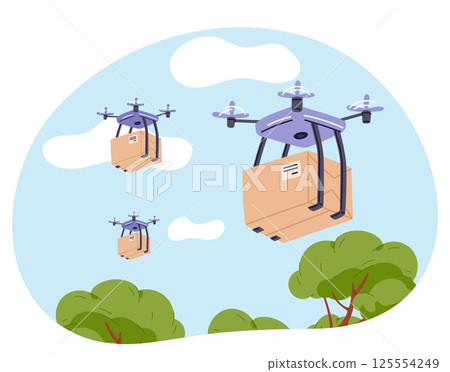 Drone delivery of goods. Shipping of cardboard boxes. Express service. Innovation courier. Logistic technology. Order shipment. Quadcopter carrying container. UAV helicopter. Vector concept Drone delivery of goods. Shipping of cardboard boxes. Express service. Innovation courier. Logistic technology. Order shipment. Quadcopter carrying container. UAV helicopter. Vector concept 125554249