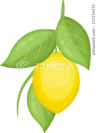 Cartoon lemon with green leaves on a branch, vibrant and fresh. 125554255
