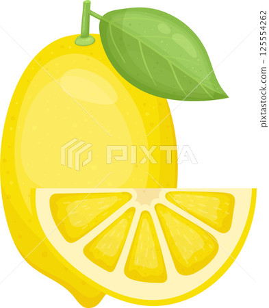 A vibrant, juicy lemon illustration with a slice. 125554262