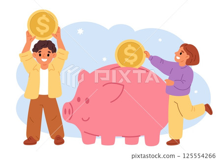 Girl and boy collect gold coins in piggy bank. Savings and investment. Kids put money in piggybank. Financial literacy. Finance deposit. Children moneybox. Economy profit. Vector concept 125554266