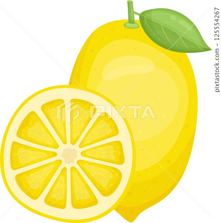 Fresh whole lemon and half lemon illustration on black background 125554267