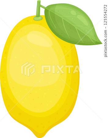 Bright Yellow Lemon with Green Leaf Illustration. Single Object. 125554272