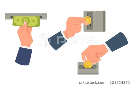 Hand inserting coin into slot of vending machine or pulling bills from ATM receiver. Financial transfer. Human gesture. Arms hold banknote. Banking terminal. Payment methods vector set 125554273