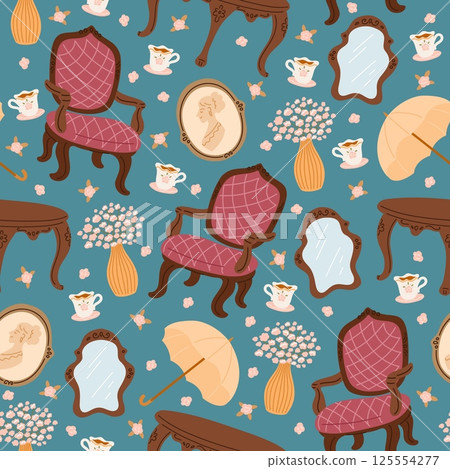 Home decor items. Interior seamless pattern. Comfortable chair. Repeated print. Vase with flowers. Mirror and picture portrait. Antique sofa. Tea cup. Woman umbrella. Vector background 125554277