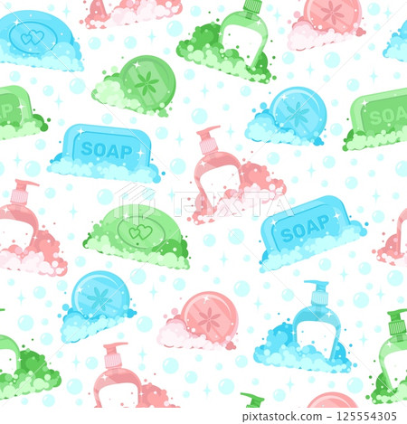 Multicolored soap lather seamless pattern. Liquid cleanser bottle. Cleaning foam. Soapy suds. Detergent glycerin bar. Repeated print. Bathroom and laundry. Foamy bubbles. Vector background 125554305