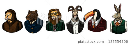 6 different animals and birds in humans clothes and suits. Lion, tuscan bird and bear next to rabbit 125554306