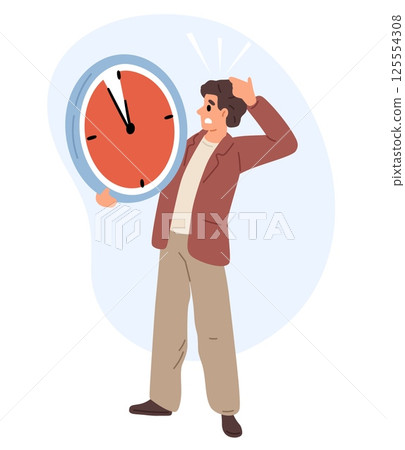 Office worker who cant get his job done time. Fail deadline. Unfinished tasks. Employee failure. Businessman missing agenda hour. Uncompleted goals. Disappointed man. Vector concept 125554308