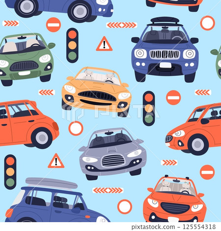 Passenger cars. City transport seamless pattern. Traffic light. Road signs. Sedan and SUV automobile drive. Repeated boys print. Highway auto trip. Urban transportation. Vector background Passenger cars. City transport seamless pattern. Traffic light. Road signs. Sedan and SUV automobile drive. Repeated boys print. Highway auto trip. Urban transportation. Vector background 125554318