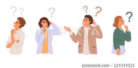 Pensive men and women. Confused people with question mark. Thoughtful characters expression. Girl thinking. Guy doubts. Interrogation icon. Searching decision. Vector curious persons set 125554321