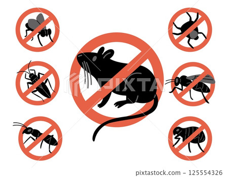 Prohibition sign against insects. Pests extermination. Harmful animals. Cockroaches repellent. Stop flies or mites. Wasps and mice forbidden pictogram. Crossed circle icons vector set Prohibition sign against insects. Pests extermination. Harmful animals. Cockroaches repellent. Stop flies or mites. Wasps and mice forbidden pictogram. Crossed circle icons vector set 125554326
