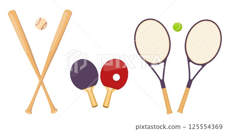 Sports equipment for game. Crossed tennis racket. Baseball bat and softball. Ping pong ball. Sportsman match. Badminton racquet. Tournament club. Vector athletic professional tools set 125554369
