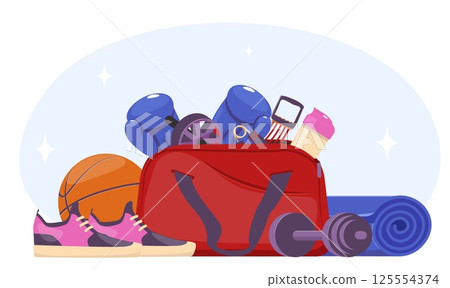 Sporty red bag with sportsman equipment for athletic activities. Gym training. Boxing gloves. Sneakers and dumbbells. Water bottle. Ball and mat for workout. Vector fitness objects 125554374