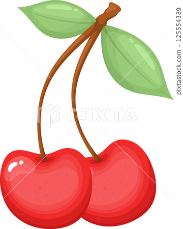 Pair of Cherries with Stems and Leaves on Black Background 125554389
