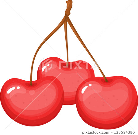 Three bright red cherries hanging from a shared brown stem. Three bright red cherries hanging from a shared brown stem. 125554390
