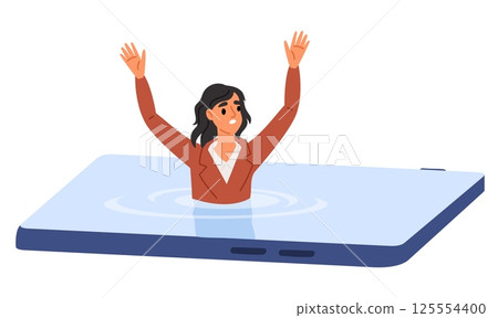 Woman drowns on cell phone screen. Human addiction smartphone. Social media user. Online technology. Addicted girl swimming in liquid display. Dependence of internet. Vector concept Woman drowns on cell phone screen. Human addiction smartphone. Social media user. Online technology. Addicted girl swimming in liquid display. Dependence of internet. Vector concept 125554400