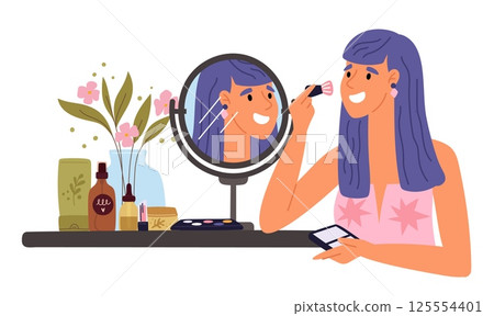 Young beautiful girl doing her makeup looking in round mirror. Female beauty. Table with lotion and moisturizer jar. Serum bottle. Woman apply cosmetic eyeshadow and blush. Vector concept 125554401