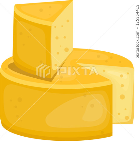 Wheel of cheese with a wedge taken out and placed on top. 125554415