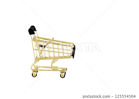 shopping trolley side view gold, yellow and black color cart on isolated white background 125554504