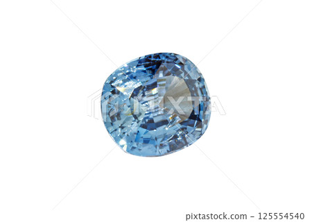 Sapphire blue faceted oval cut stone mineral macro photography on white isolated background 125554540