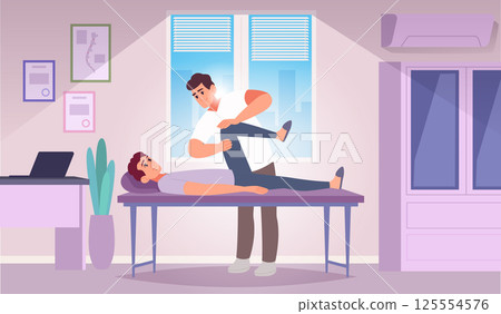 Chiropractors. Manual therapist working in cabinet exact vector medical treatment bones cartoon background 125554576