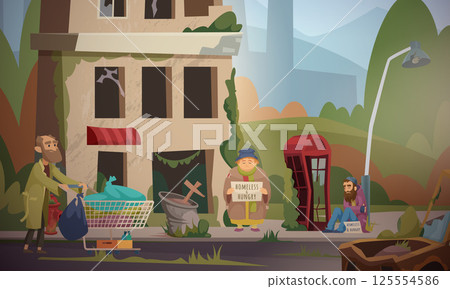 Homeless. damaged broken city with hungry homeless people sitting on the street Homeless. damaged broken city with hungry homeless people sitting on the street 125554586